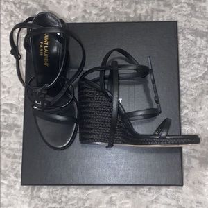 YSL Logo Saint Laurent Cassandra Size 37.5 Leather Wedge Sandals